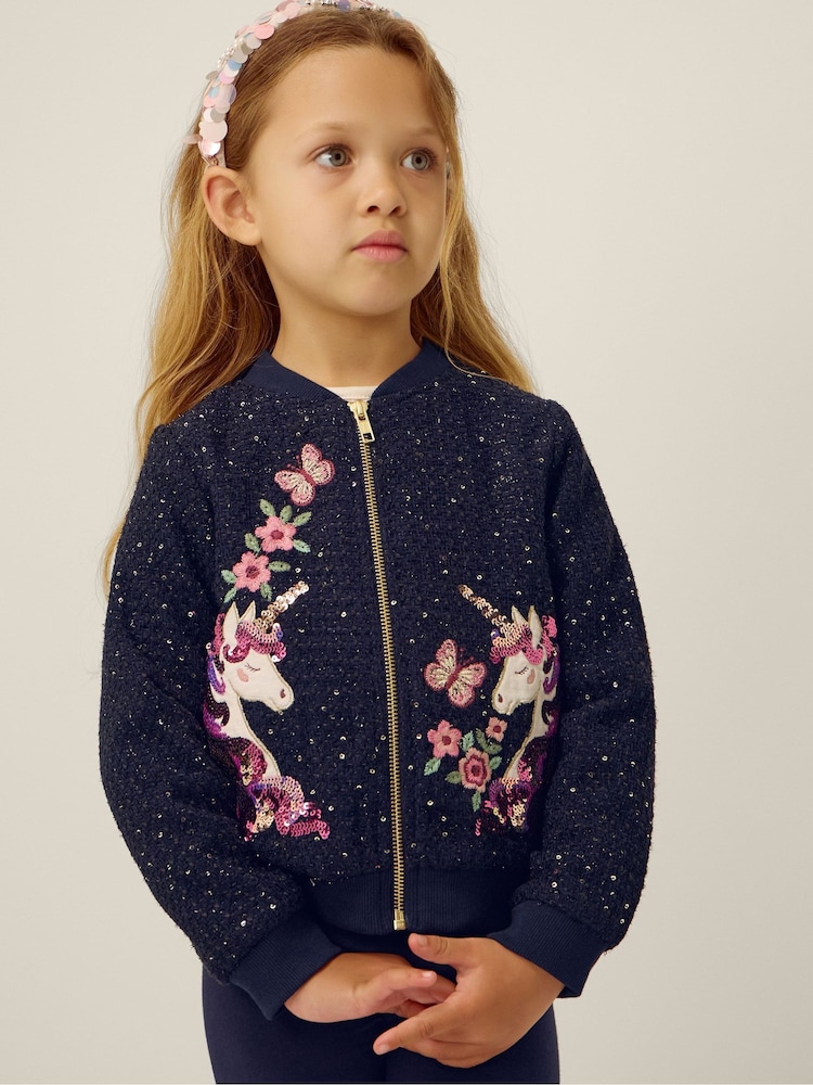 Chaqueta bomber tejida con lentejuelas y unicornios de Monsoon - Imagen 1 de 4 Chaqueta bomber tejida con lentejuelas y unicornios de Monsoon - Imagen 1 de 4