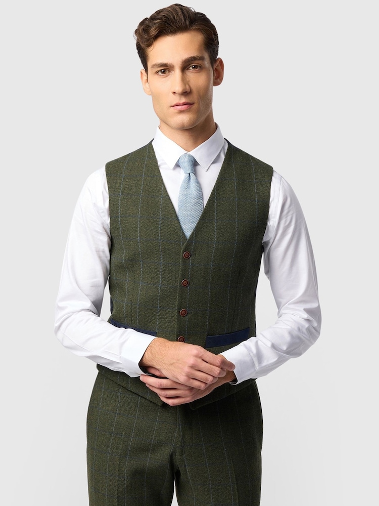 Antique Rogue Green Slim Fit Hooper  And  Check Tweed Waistcoat - Image 1 of 2