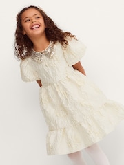 Monsoon Gold Josephine Puff Sleeve Jacquard Party Dress - Image 1 of 3