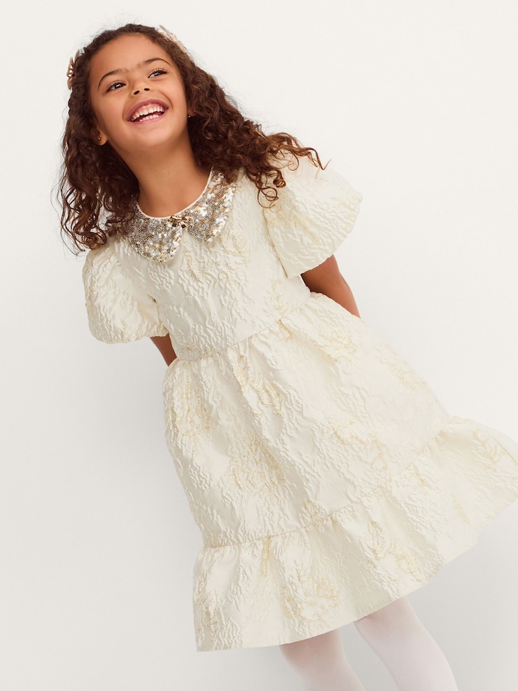 Monsoon Gold Josephine Puff Sleeve Jacquard Party Dress - Image 1 of 3