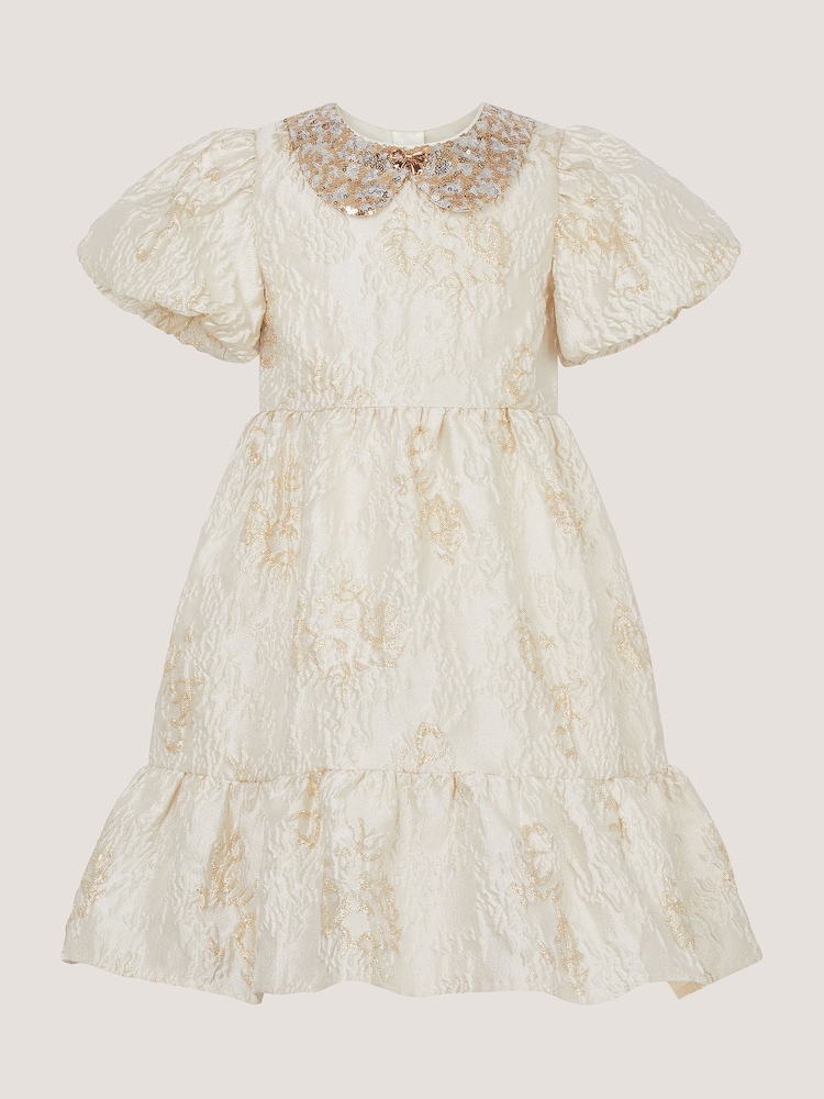 Monsoon Gold Josephine Puff Sleeve Jacquard Party Dress - Image 2 of 3