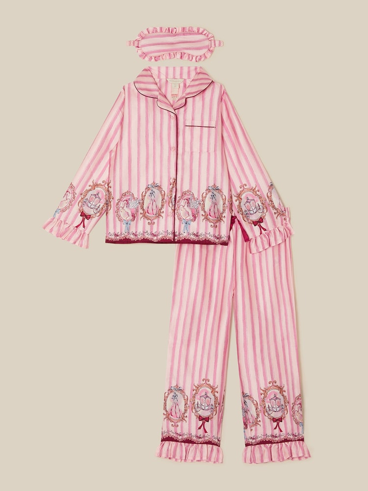Monsoon Pink Fairytale Stripe Satin Long Pyjamas & Sleep Mask Set - Image 1 of 3