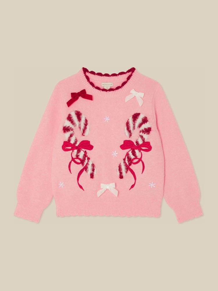 Monsoon Pink Candy Cane Christmas Jumper - Image 2 of 4 Monsoon Pink Candy Cane Christmas Jumper - Image 2 of 4