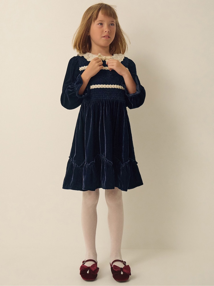 Monsoon Pearl Smocked Velvet Dress - صورة 1 من 4