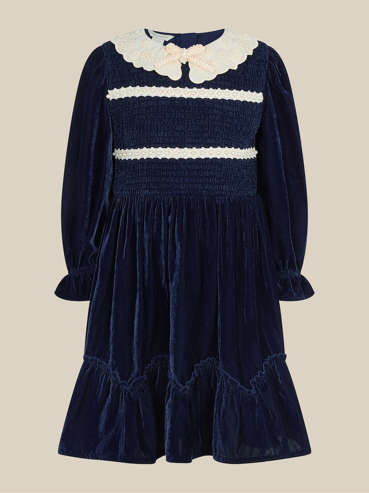 Monsoon Pearl Smocked Velvet Dress - صورة 2 من 4