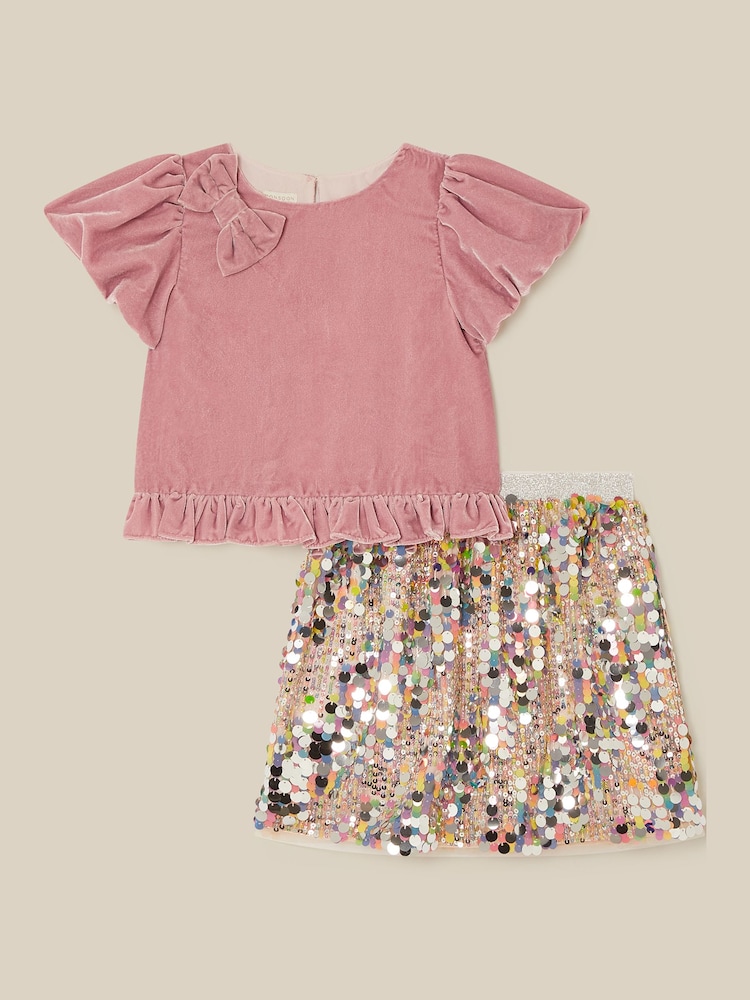 Monsoon Pink Zoe Velvet Top & Sequin Skirt Set - Image 2 of 4 Monsoon Pink Zoe Velvet Top & Sequin Skirt Set - Image 2 of 4