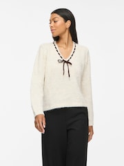 VILA Brown V-Neck Long Sleeve Bow Detail Knit Top - Image 1 of 7