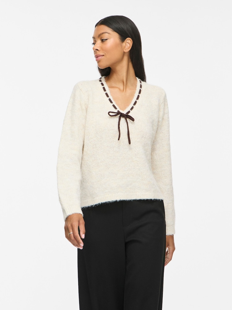 VILA Brown V-Neck Long Sleeve Bow Detail Knit Top - Image 1 of 7 VILA Brown V-Neck Long Sleeve Bow Detail Knit Top - Image 1 of 7