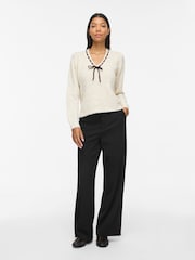 VILA Brown V-Neck Long Sleeve Bow Detail Knit Top - Image 3 of 7