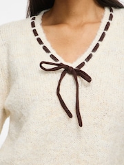VILA Brown V-Neck Long Sleeve Bow Detail Knit Top - Image 5 of 7