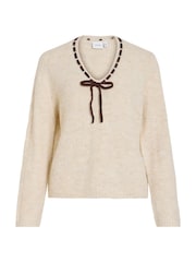 VILA Brown V-Neck Long Sleeve Bow Detail Knit Top - Image 6 of 7