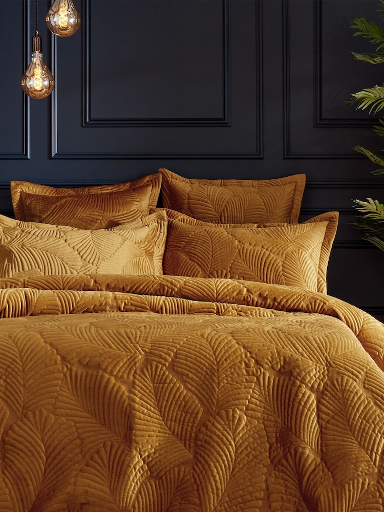 Paoletti Gold Palmeria Quilted Duvet Cover and Oxford Border Pillowcase Set - Image 1 of 3
