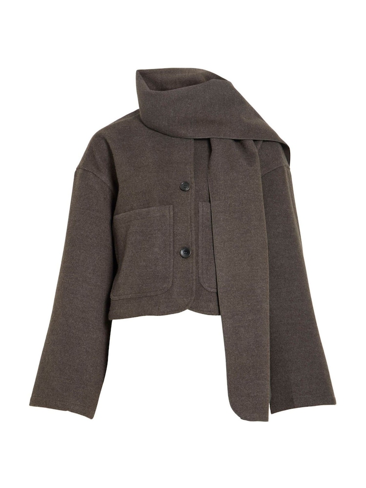 VILA Grey Knitted Jacket with Scarf Detail - Image 1 of 2 VILA Grey Knitted Jacket with Scarf Detail - Image 1 of 2