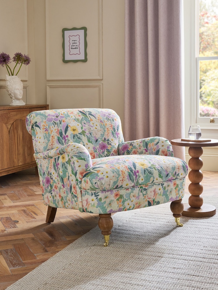 Boucle Chenille Picnic Floral Print Multi Lilly Armchair - Image 1 of 7 Boucle Chenille Picnic Floral Print Multi Lilly Armchair - Image 1 of 7