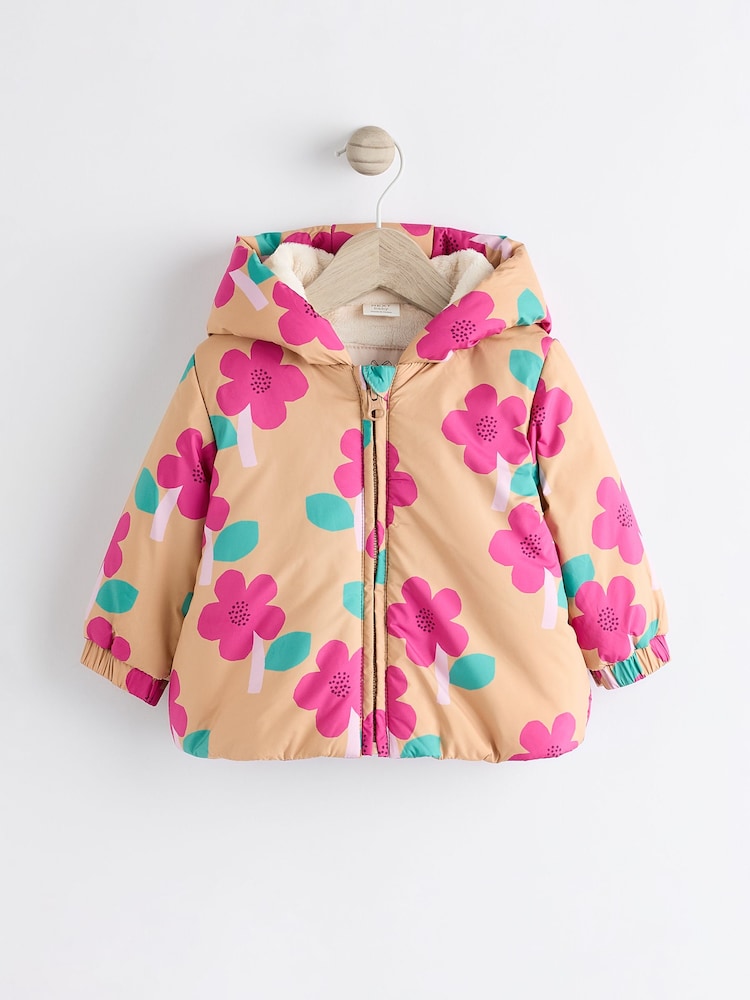 Ochre Yellow/ Pink Floral Baby Hooded Puffer Coat (0mths-2yrs) - Image 1 of 7
