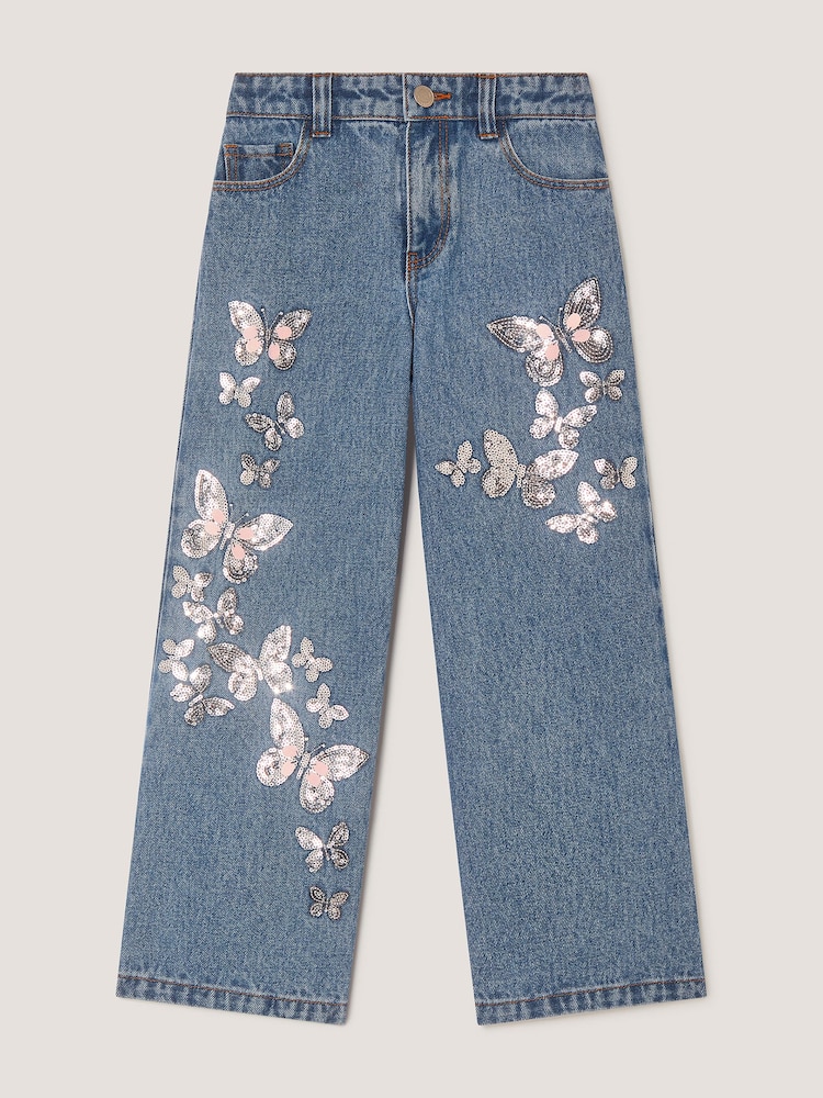 Monsoon Blue Butterfly Sequin Wide Leg Jeans - Image 1 of 3