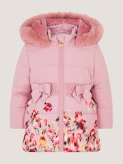 Monsoon Pink Baby Blurred Floral Print Puffer Coat - Image 1 of 3