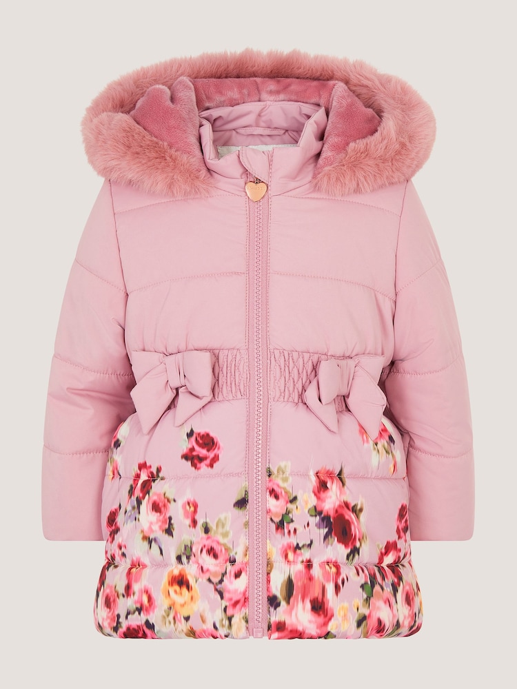 Monsoon Pink Baby Blurred Floral Print Puffer Coat - Image 1 of 3 Monsoon Pink Baby Blurred Floral Print Puffer Coat - Image 1 of 3