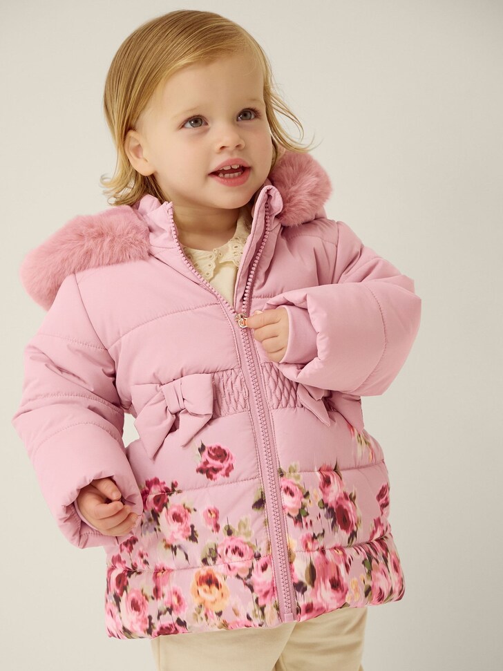 Monsoon Pink Baby Blurred Floral Print Puffer Coat