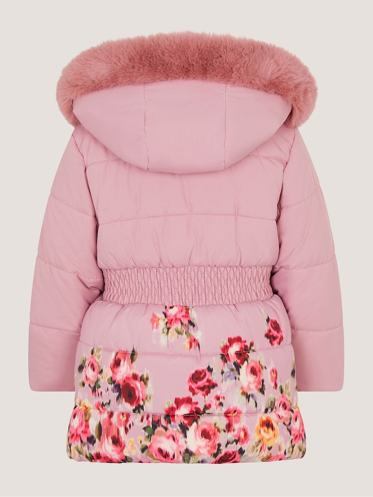 Monsoon Pink Baby Blurred Floral Print Puffer Coat - Image 2 of 3 Monsoon Pink Baby Blurred Floral Print Puffer Coat - Image 2 of 3