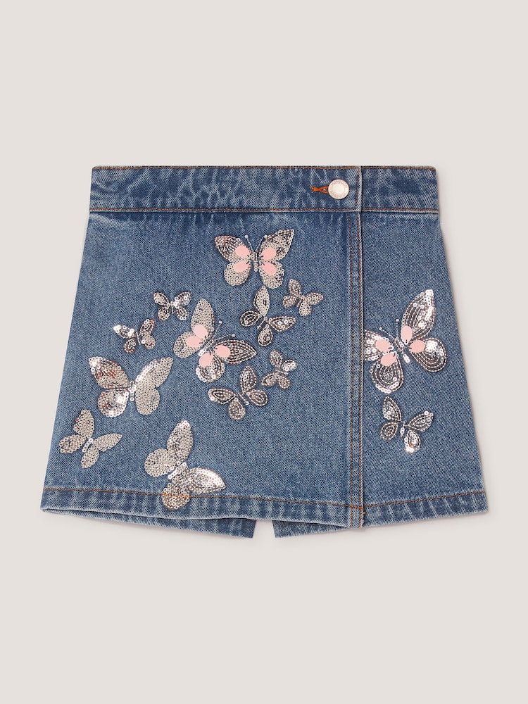 Monsoon Blue Butterfly Sequin Denim Skort - Image 1 of 3 Monsoon Blue Butterfly Sequin Denim Skort - Image 1 of 3