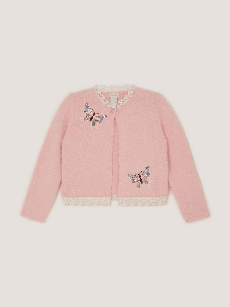 Monsoon Pink Sequin Butterfly Fluffy Cardigan - Image 1 of 3 Monsoon Pink Sequin Butterfly Fluffy Cardigan - Image 1 of 3