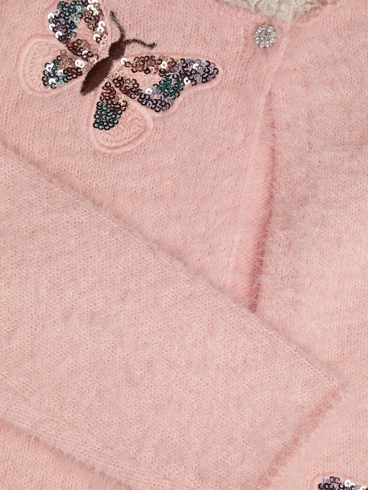 Monsoon Pink Sequin Butterfly Fluffy Cardigan - Image 3 of 3 Monsoon Pink Sequin Butterfly Fluffy Cardigan - Image 3 of 3
