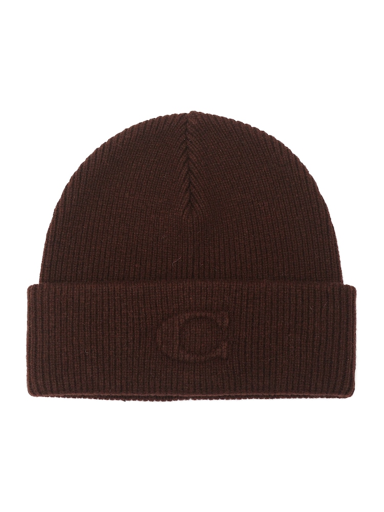 COACH Brown Coach Signature Embossed Knit Beanie - Image 1 of 4 COACH Brown Coach Signature Embossed Knit Beanie - Image 1 of 4