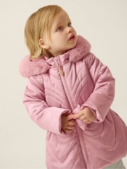 Monsoon Pink Faux Fur Belted Bow Coat - Image 1 of 4