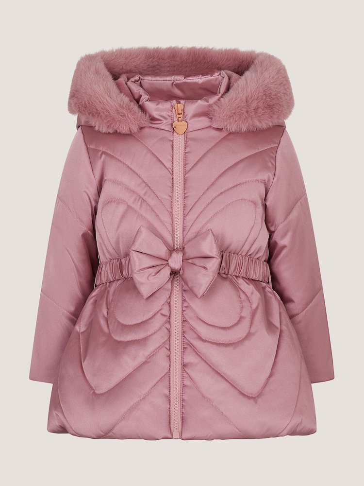 Monsoon Pink Faux Fur Belted Bow Coat - Image 2 of 4 Monsoon Pink Faux Fur Belted Bow Coat - Image 2 of 4