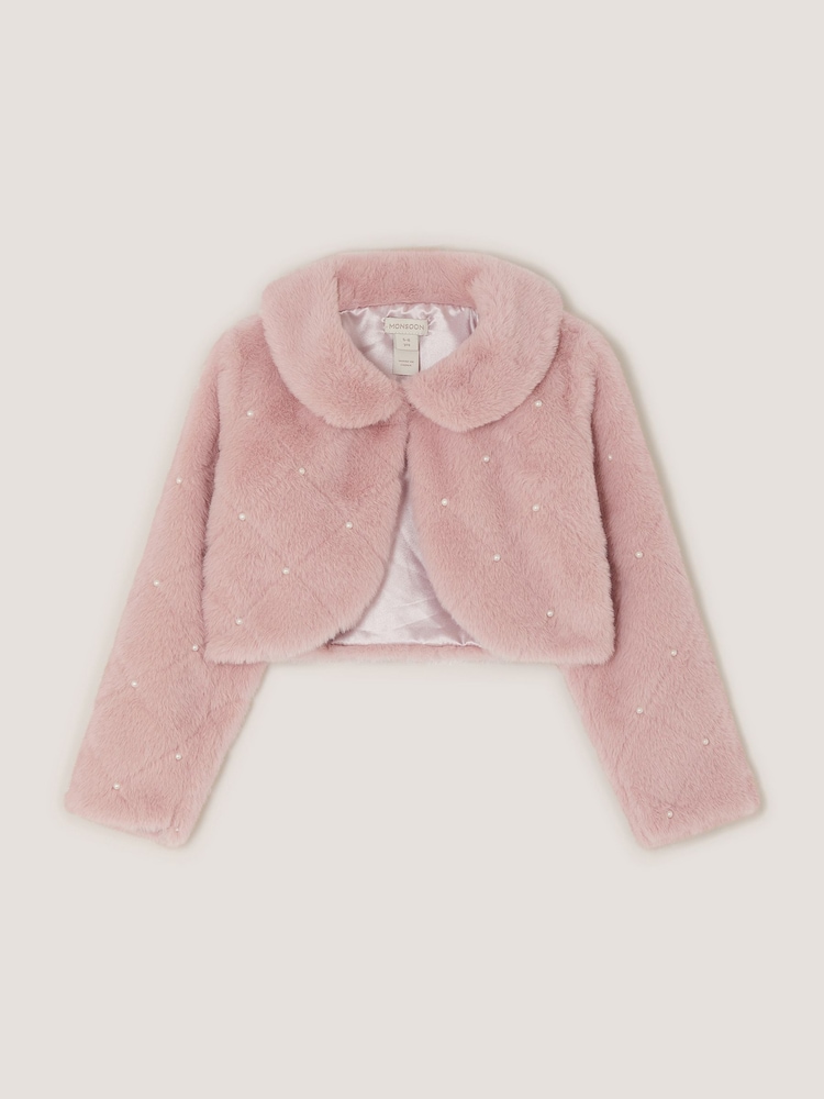 Monsoon Pink Posie Pearl Faux Fur Jacket - Image 1 of 3 Monsoon Pink Posie Pearl Faux Fur Jacket - Image 1 of 3