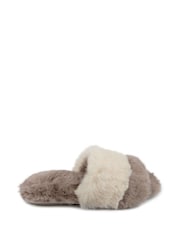 Totes Natural Ladies Faux Fur Contrast Stripe Slider Slippers - Image 2 of 5