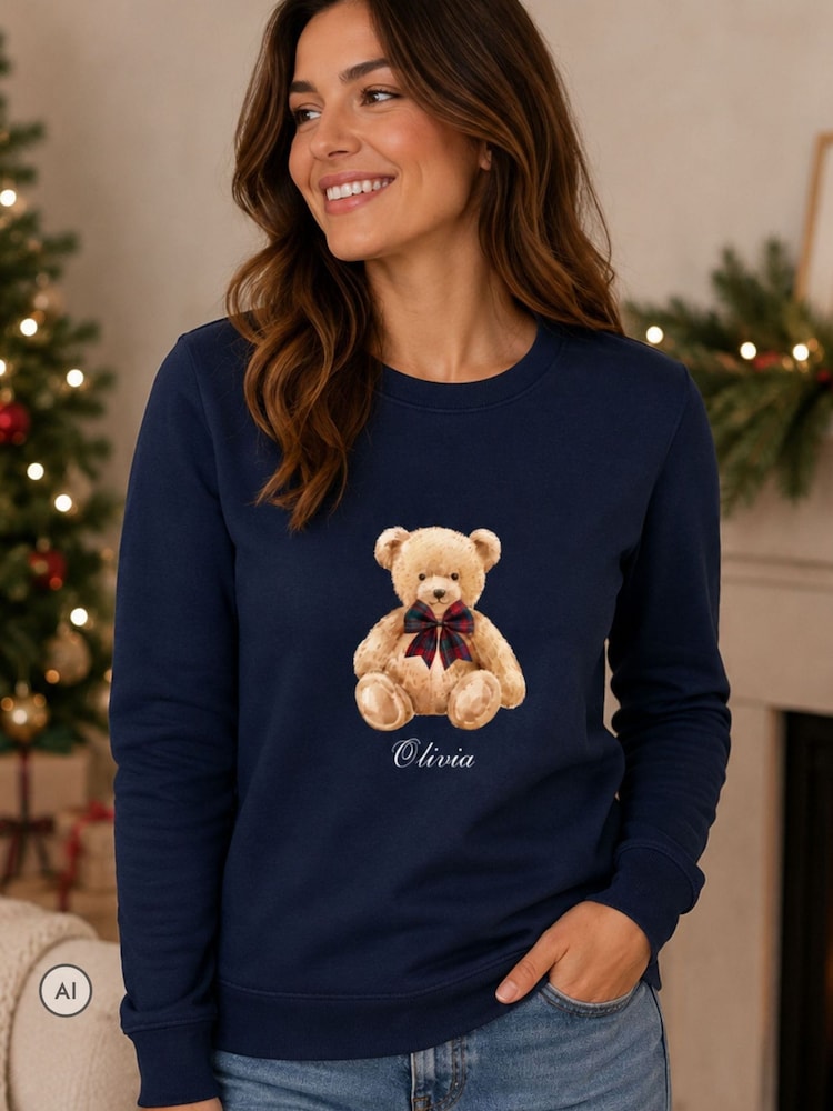 Personalised Adults NAVY Christmas Preppy Bear Sweatshirt by Koko Blossom - Image 1 of 4