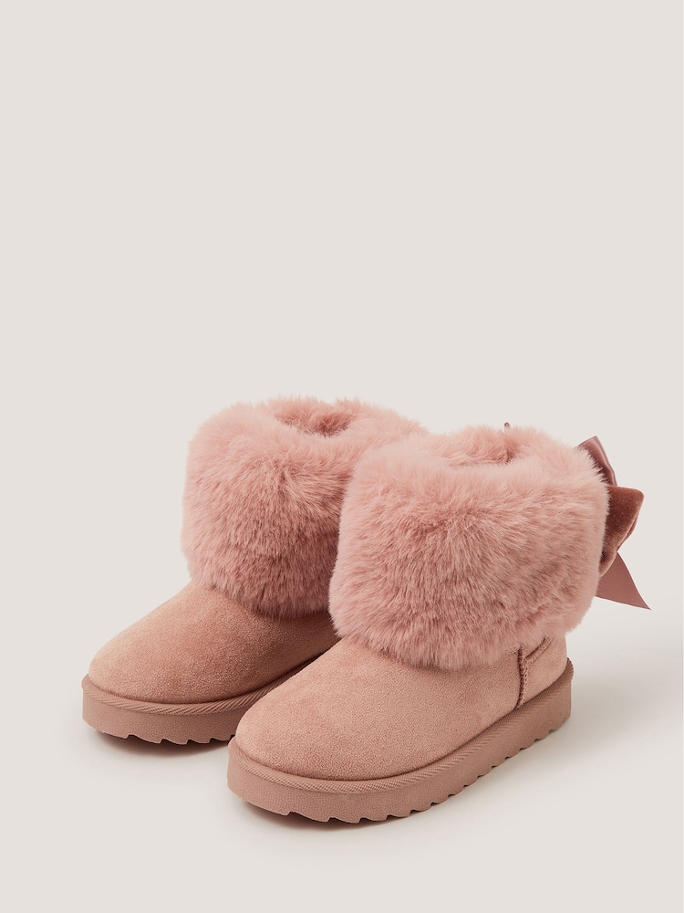 Monsoon Pink Velvet Bow Fluffy Ankle Boots - Image 1 of 3 Monsoon Pink Velvet Bow Fluffy Ankle Boots - Image 1 of 3