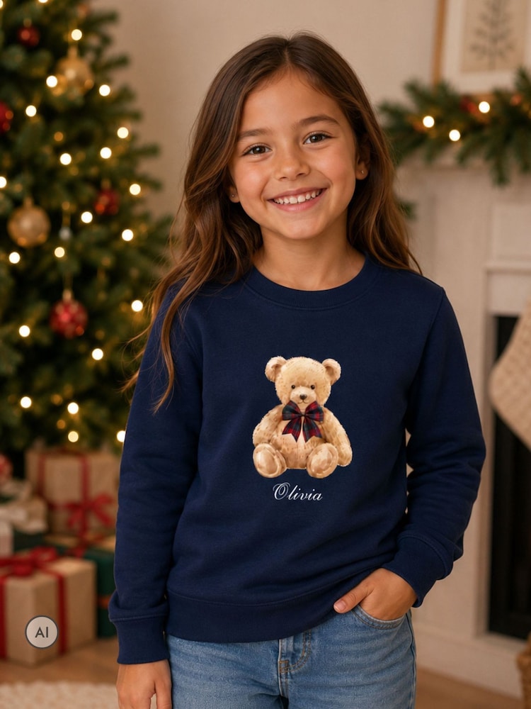 Personalised Kids NAVY Christmas Preppy Bear Sweatshirt by Koko Blossom - Image 1 of 4 Personalised Kids NAVY Christmas Preppy Bear Sweatshirt by Koko Blossom - Image 1 of 4