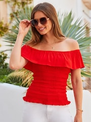 Sosandar Red Shirred Body Frill Bardot Top - Image 1 of 5