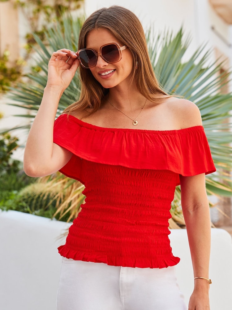Sosandar Red Shirred Body Frill Bardot Top - Image 1 of 5