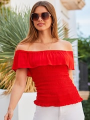 Sosandar Red Shirred Body Frill Bardot Top - Image 4 of 5