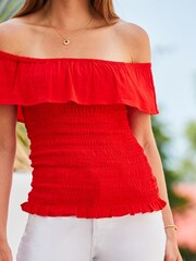 Sosandar Red Shirred Body Frill Bardot Top - Image 5 of 5
