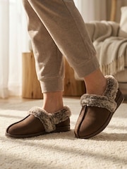 Pavers Chocolate Brown Wide Fit Hands Free Fur Lined Full Slippers - Image 1 of 6