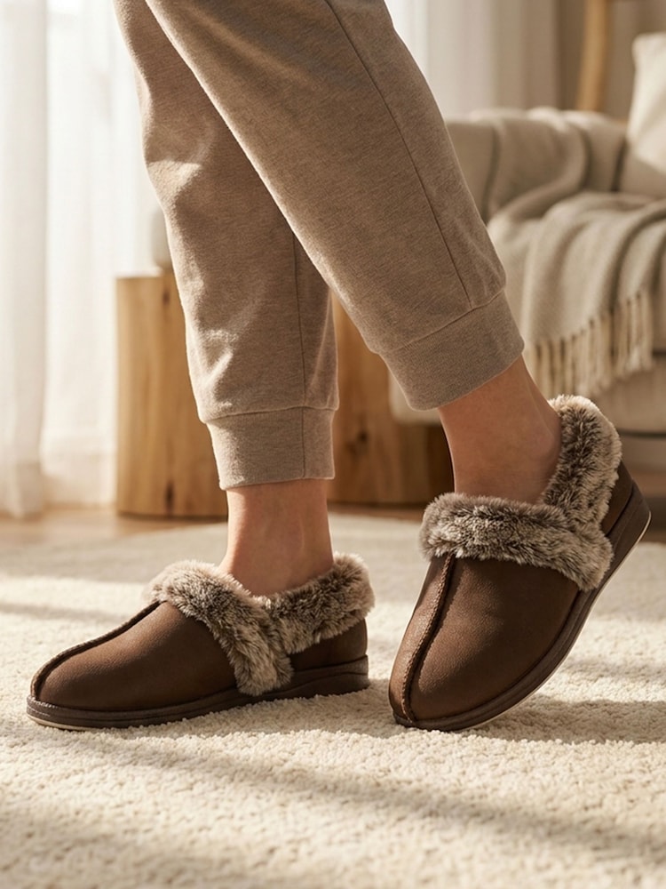 Pavers Chocolate Brown Wide Fit Hands Free Fur Lined Full Slippers - Image 1 of 6 Pavers Chocolate Brown Wide Fit Hands Free Fur Lined Full Slippers - Image 1 of 6