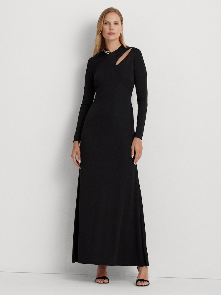 Lauren Ralph Lauren Chain Trim Jersey Long Sleeve Black Gown - Image 1 of 5