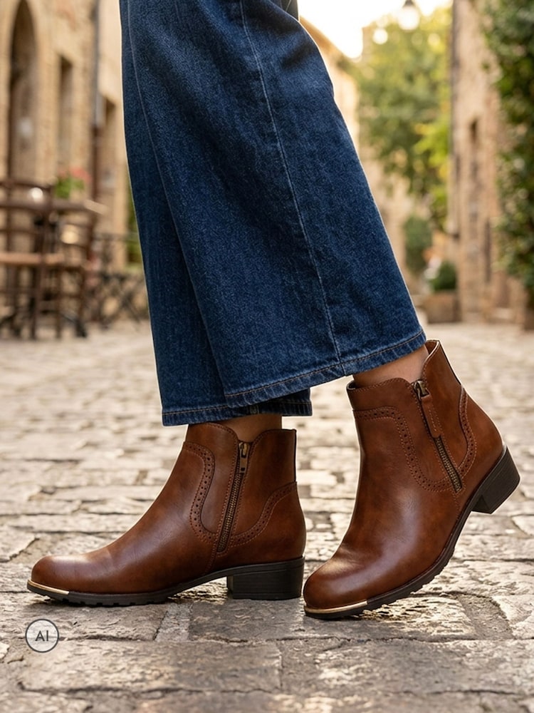 Rjava - Pavers Zip Fasten Brogue Trim Ankle Boots - Slika 1 iz 6