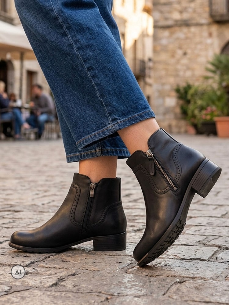črna - Pavers Zip Fasten Brogue Trim Ankle Boots - Slika 1 iz 6