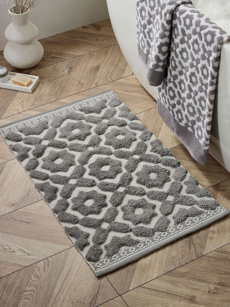 Grey Tile Geo 100% Cotton Bath Mat - Image 1 of 4