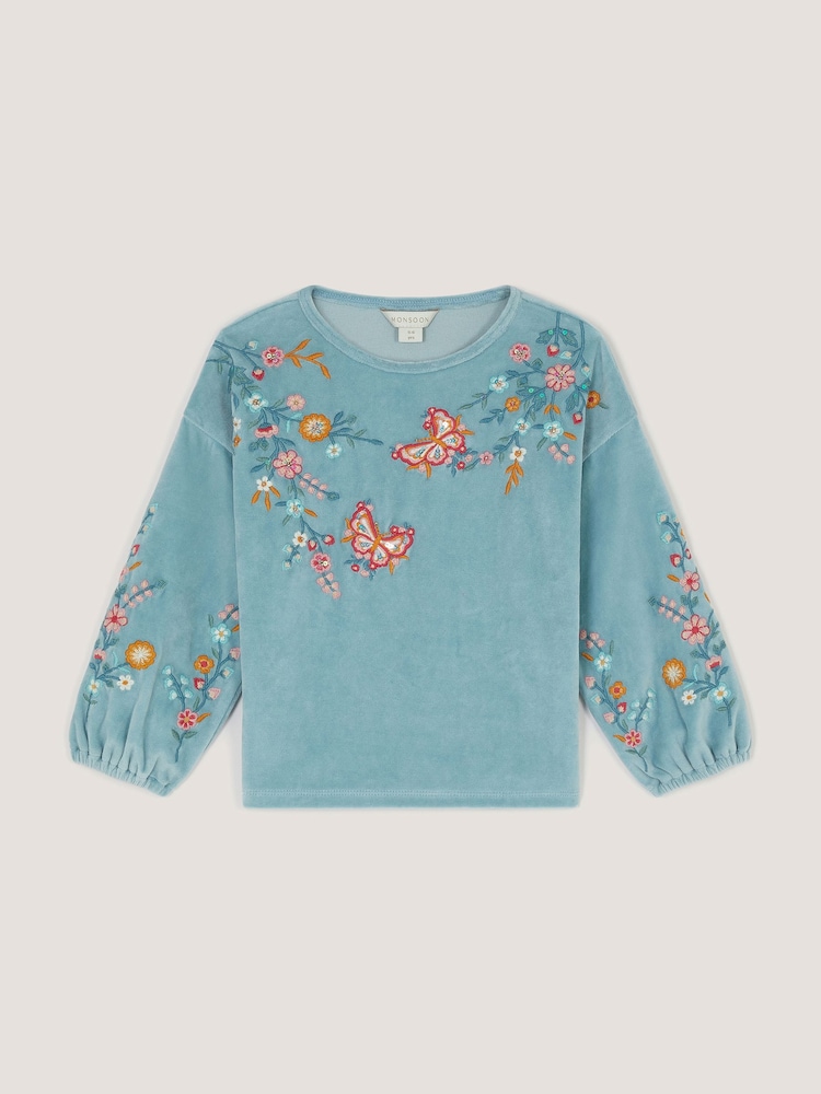 Monsoon Green Floral Embroidered Velour Sweatshirt - Image 2 of 4 Monsoon Green Floral Embroidered Velour Sweatshirt - Image 2 of 4