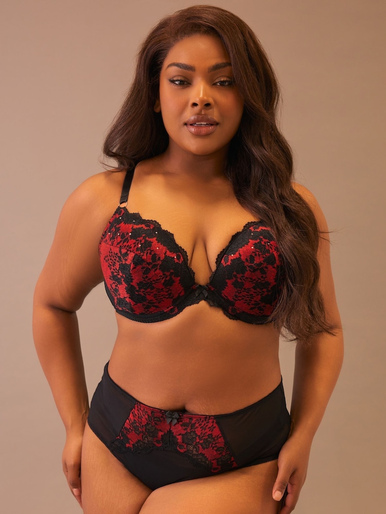 Yours Curve Red Thea Two Tone Lace Padded Bra - Image 2 of 3