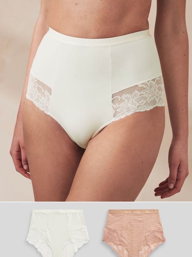 Tan Print/Cream High Waist Brief Print Tummy Control Shaping Lace Back Brazilian Knickers 2 Pack - Image 1 of 7