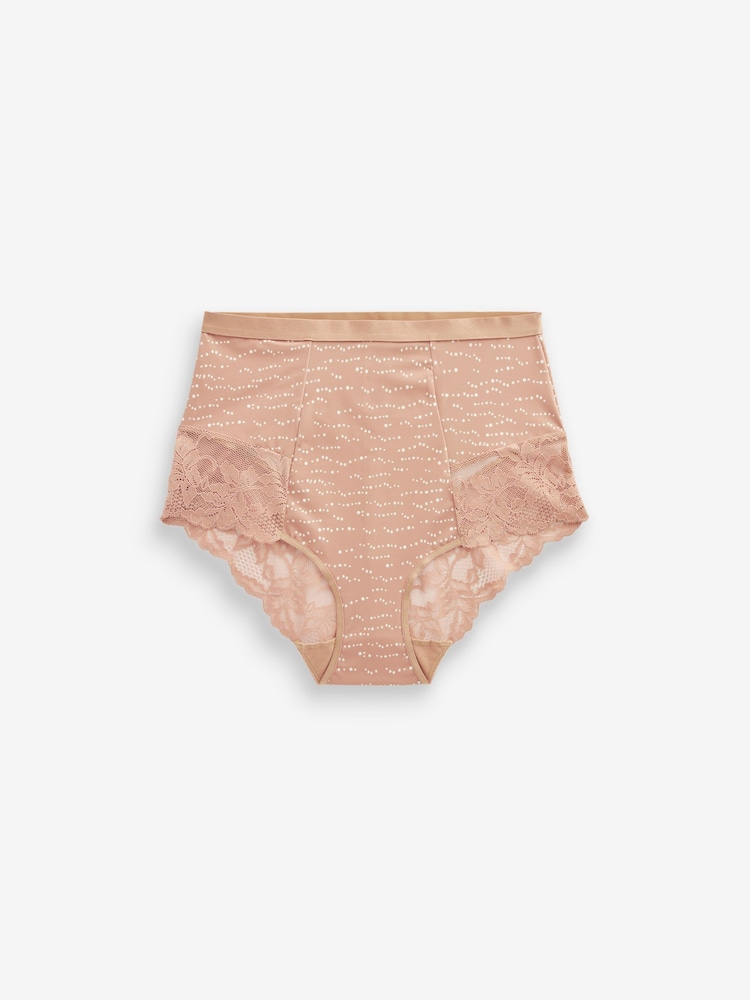 Tan Print/Cream High Waist Brief Print Tummy Control Shaping Lace Back Brazilian Knickers 2 Pack - Image 7 of 7