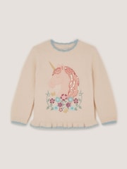 Monsoon Cream Embellished Unicorn Fluffy Knit Jumper - Image 1 of 3